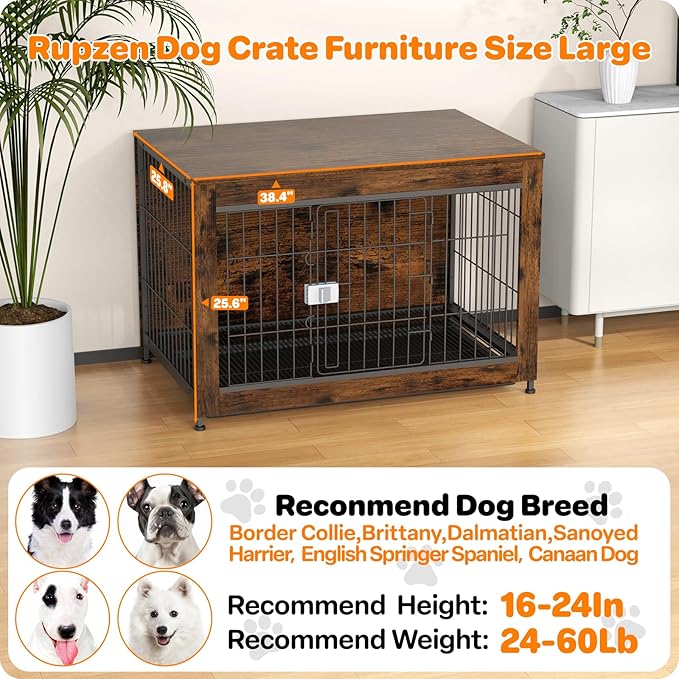 Dog Crate Furniture, Wooden Dog Crate 38in, Decorative Cage with End Table for Dog Indoor Kennel, High Anxiety Dog, Escape-Proof Locks for All Breeds