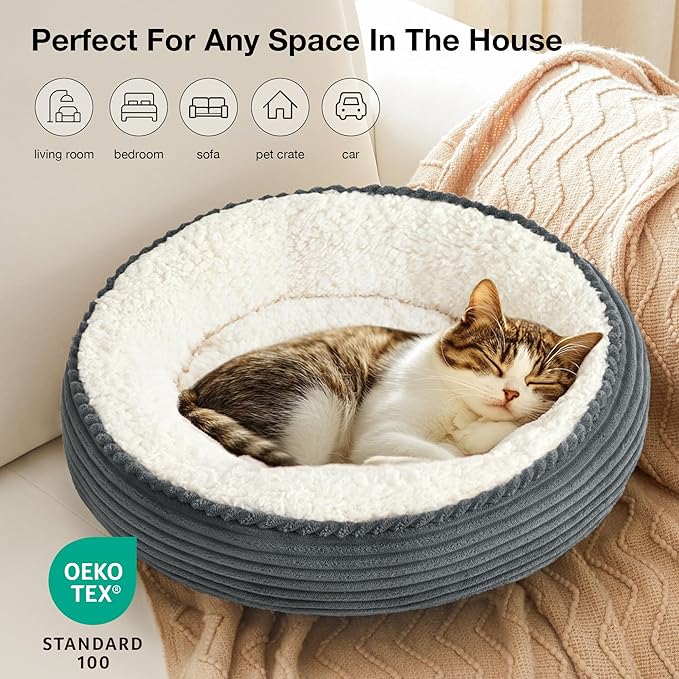 Love's cabin Round Donut Cat and Dog Cushion Bed, 20in Pet Bed for Cats or Small Dogs, Anti-Slip Water-Resistant Bottom, Super Soft Durable Fabric Pet beds, Washable Cat Dog Bed Stripe Bluish Grey