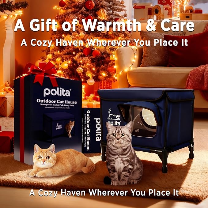 Rugged Heated Cat House for Outdoor Cats in Winter, Extremely Insulated & 100% Weatherproof, Elevated Feral Cat Shelter with Waterproof Eaves & Safe Escape Door for Stray & Barn Cats