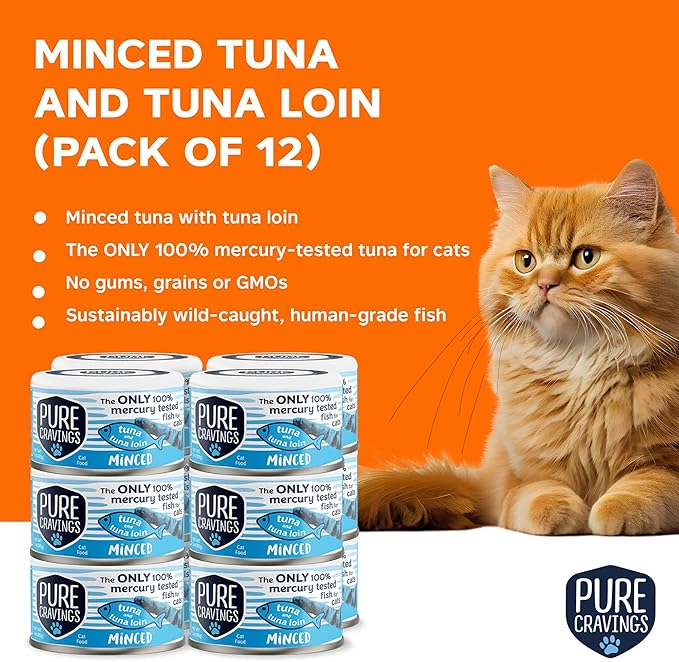 Minced Tuna and Tuna Loin Wet Canned Cat Food, 100% Mercury-Tested, Moist Can Fish for Cats, Grain-Free, Protein, Non-GMO, 3oz, Pack of 12