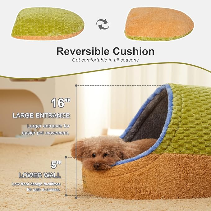 Jiupety Cat Beds for Indoor Cats, Cat Cave Bed and Kitten Bed, Hideway Cat House for Cat & Small Dog with Anti-Slip Bottom, Washable Removable Cushion, L(19"x17"x16"), Green.