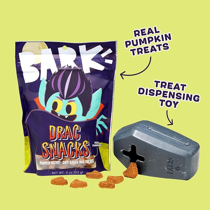 Barkbox Drac Pack Halloween Dog Toy & Treat Bundle - Treat Dispensing Chew Toy and Soft Baked Pumpkin Dog Treats
