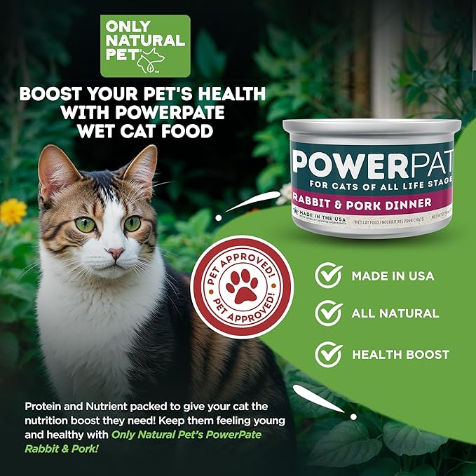 Only Natural Pet PowerPate Grain-Free Rabbit & Pork Wet Cat Food - High Protein, with Hydrating Broth - Healthy Balanced Nutrition for Kittens & Cats of All Life Stages, 2.75 oz Cans, Case of 12 (R)