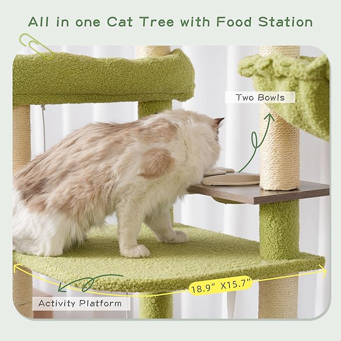 Cat Tree with Tunnel, Cat Tower for Indoor Cats, Tall Cactus Cat Tree Tower with Cat Condo, Food Station, Large Platform, Scratching Posts, Hammock, Green and Yellow GCT021GY