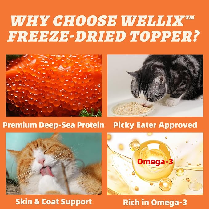 Wellix Dog & Cat Food Topper - Salmon Roe Treats Freeze Dried Egg Yolk & Chicken Flavor Low Calorie - Antioxidant and Skin & Coat Support - Healthy Cat Treats for Indoor Cats