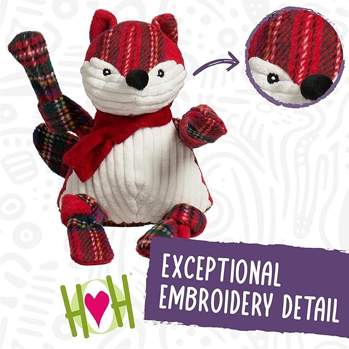 HuggleHounds Knottie Plush Dog Toy - Dog Stuffed Animal Toy for Small, Medium & Large Sized Dogs, Durable Plush to Keep Them Busy - Tartan Tidings Fox, Large
