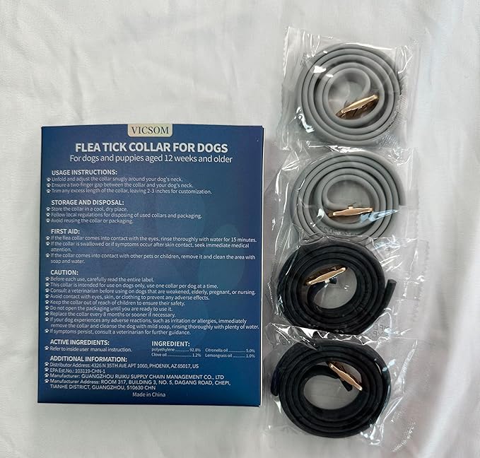 Flea and Tick Collar for Dogs 4 Pack, 32 Months Prevention, Waterproof, Adjustable for Small Medium Large Dogs Puppies (Black and Grey)