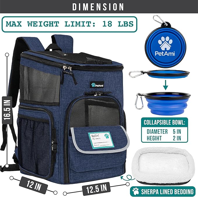 PetAmi Dog Backpack Carrier, Airline Approved Cat Backpacks for Carrying Small Large Cats, Pet Carrier Back Pack, Ventilated Soft Sided for Travel, Hiking, Camping, Max 18 lbs, Navy