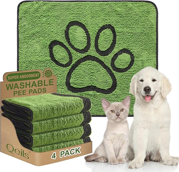 Qeils Reusable Dog Pee Pads, 4 Pack Super Absorbent & Leakproof Washable Puppy Pads with Soft Green Top Layer, for Potty Training, Crates, Couch, Car Seats & Pet Beds, 30"x 34"