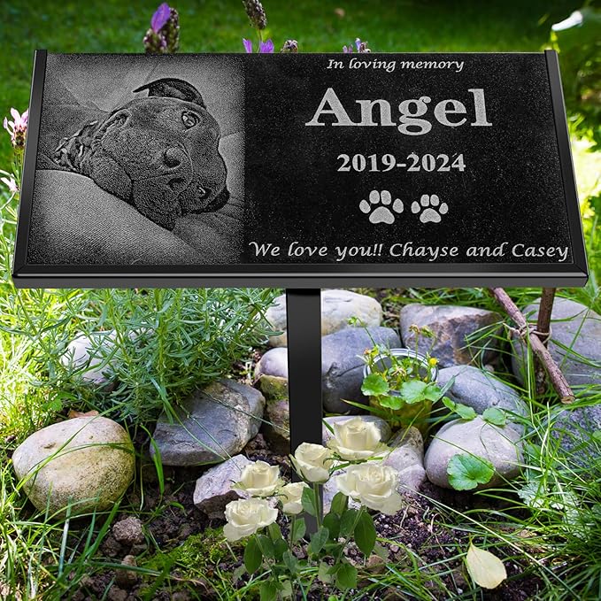 Custom Engraved Dog Memorial Stone - Durable Black Granite Pet Grave Marker with Photo, Personalized Pet Loss Gift for Dogs, Cats - Memorial Plaque for Garden or Indoor Use