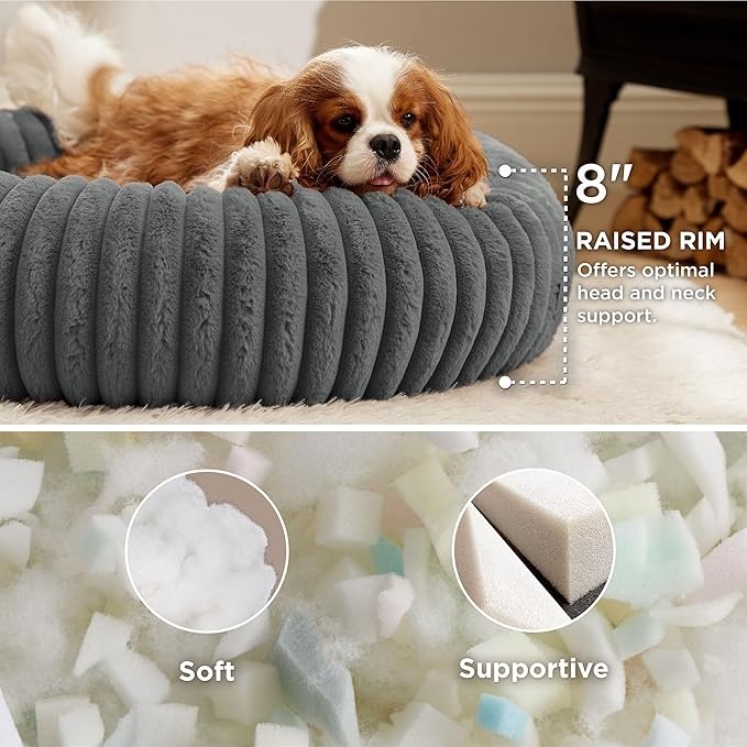 Bedsure Donut Medium Dog Bed - Washable Faux Fur Dog Bed Medium Size Dog with Corduroy Fleece & Anti Slip Bottom, Round Pet Beds with Removable Cover, Warm Grey, 30x30x8 inches