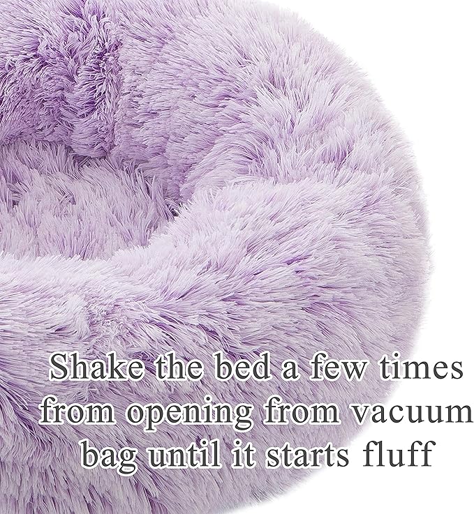 Calming Donut Dog Bed Medium, Plush Round Cuddler Dog & Cat Bed, Anit-Anxiety Marshmellow Fluffy Faux Fur Cushion(24", Purple)