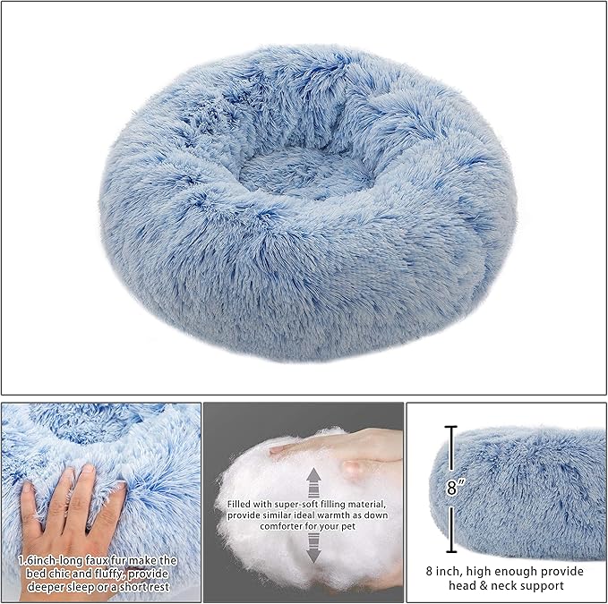 Calming Donut Dog Bed XL, Plush Round Cuddler Dog & Cat Bed, Anit-Anxiety Marshmellow Fluffy Faux Fur Cushion(32", Light Blue)