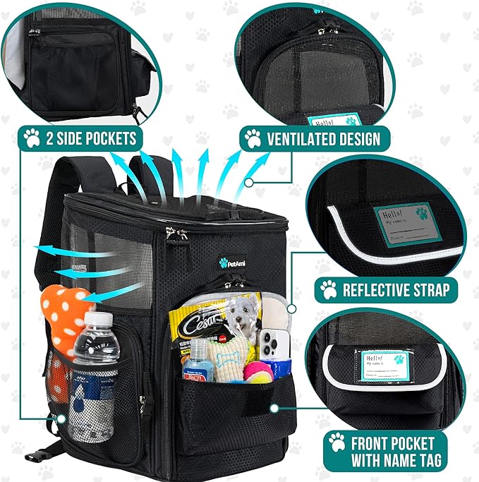 PetAmi Dog Backpack Carrier, Airline Approved Cat Backpacks for Carrying Small Large Cats, Pet Carrier Back Pack, Ventilated Soft Sided for Travel, Hiking, Camping, Max 18 lbs, Black