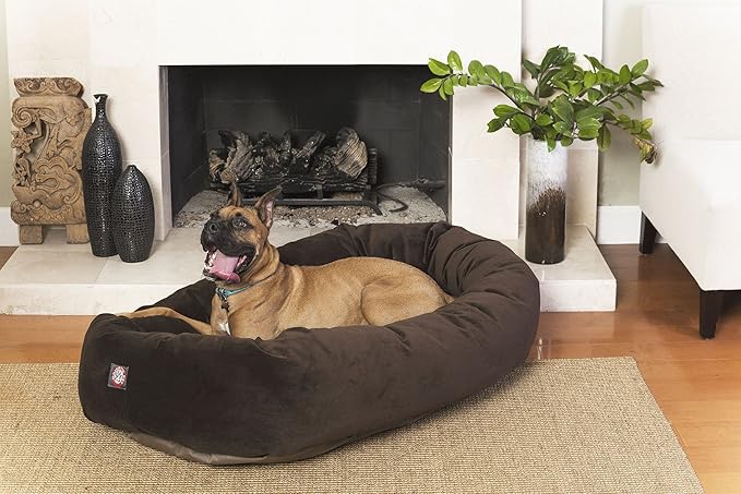 Majestic Pet 52 Inch Suede Calming Dog Bed Washable 52x35x11 (Inch) – Cozy Soft Round Donut Dog Bed with Spine Support for Dogs to Rest their Head - Round Pet Bed X- Large – Chocolate