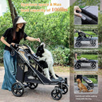 One-Click Folding Dog Stroller for 2 Dogs - 4 Wheel Jogger with Storage Pocket - Suitable for Pets Up to 110LBS (Beige & Grey)
