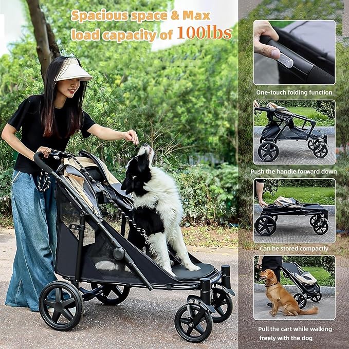One-Click Folding Dog Stroller for 2 Dogs - 4 Wheel Jogger with Storage Pocket - Suitable for Pets Up to 110LBS (Beige & Grey)