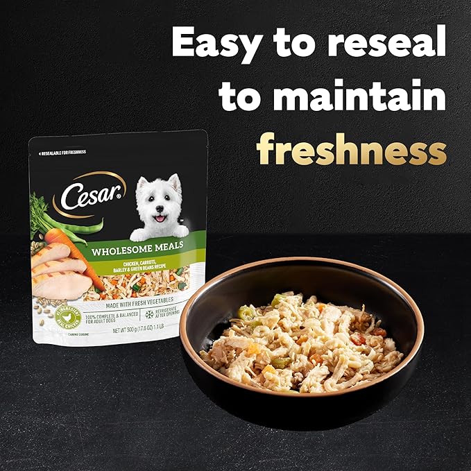 Cesar Wholesome Meals Wet Dog Food, Chicken, Carrots, Barley & Green Beans Recpie, 17.6 oz. Pouch (6 Count, Pack of 2)
