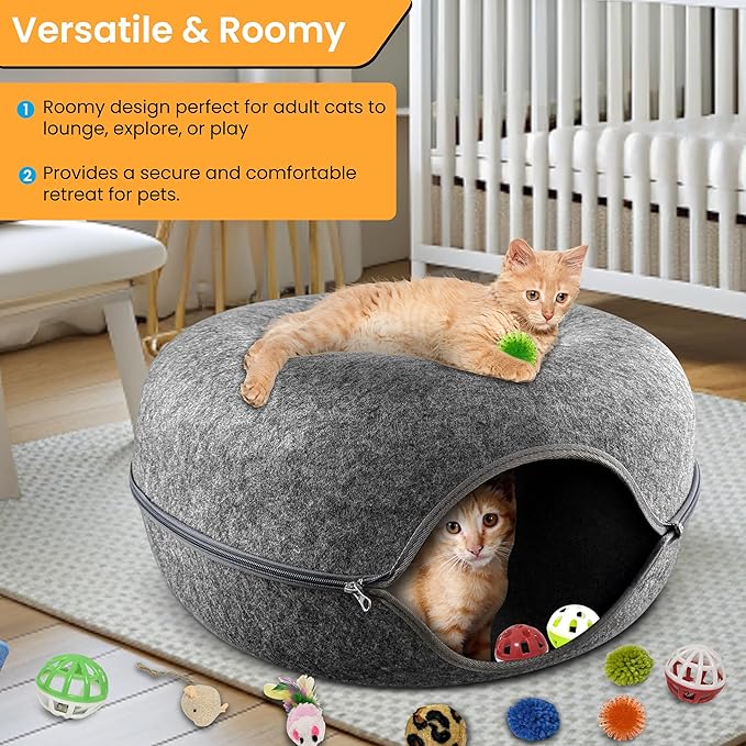 Cat Tunnel Bed – Large Cat Donut Tunnel with 12-Pcs Cat Toy Set – Soft Felt Cat Caves for Indoor Cats with Upgraded Zipper – Scratch-Resistant Cat Cave Bed – Comfortable Peekaboo Cat Cave