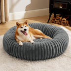 Bedsure Donut Large Dog Bed - Washable Faux Fur with Corduroy Fleece & Anti Slip Bottom, Round Pet Bed with Removable Cover, Warm Grey, 36x36x10 inches