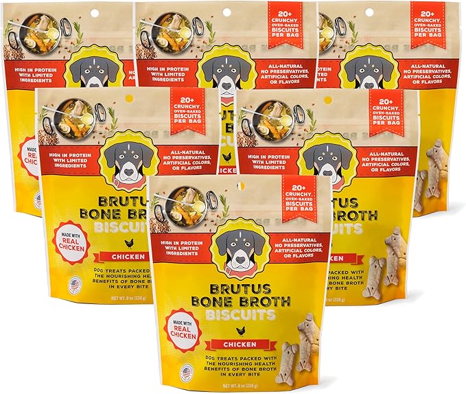 Brutus Bone Broth Biscuits (Chicken) - Healthy Dog Treats - Natural Biscuits with Dog Bone Broth and Real Chicken Meat - 18 Grams of Protein - 8 OZ (Pack of 6)