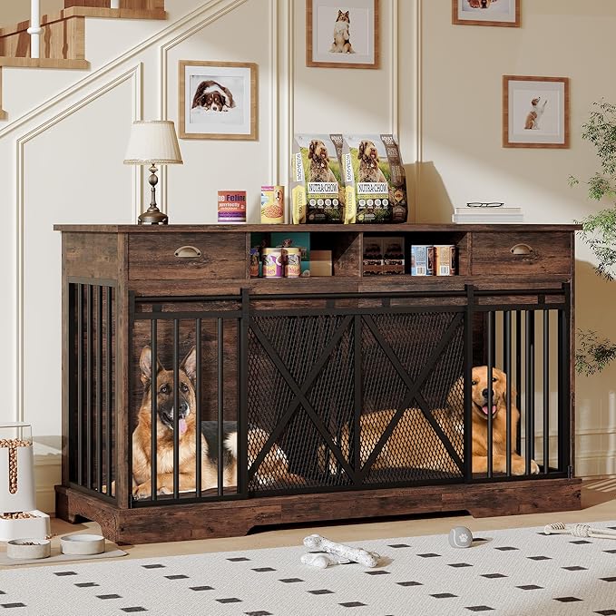Double Dog Crate Furniture, 63” Large Dog Kennel Furniture with Divider and Sliding Doors, Heavy Duty Dog Kennel Furniture with Drawers and Shelves for Living Room, Retro Brown