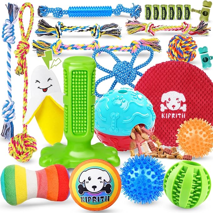 KIPRITII 25 Pack Various Puppy Dog Toys for Teething, Entertainment & Interaction, Puppy Chew Toys Pack with Rope Toy, Treat Balls and Dog Squeaky Toys for Puppies & Small Dogs