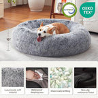 Donut Dog Bed Medium Size Dog, Round Cat Beds for Small Medium Dogs and Cats with Washable Fluffy Faux Fur, Cute Comfort Pet Bed with Anti-Slip Bottom, Grey, 36"