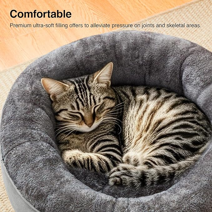 Love's cabin Round Donut Cat and Dog Cushion Bed, 20in Pet Bed for Cats or Small Dogs, Anti-Slip & Water-Resistant Bottom, Super Soft Durable Fabric Pet beds, Washable Luxury Bed Solid Grey
