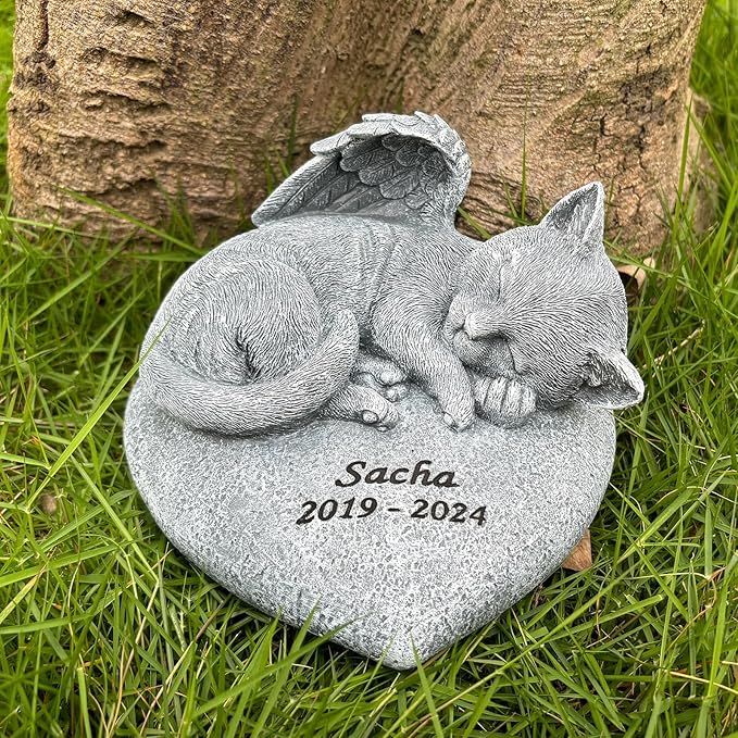 Personalized Cat Memorial Garden Statue, Angel Design, Pet Grave Marker with Engraved Name and Date
