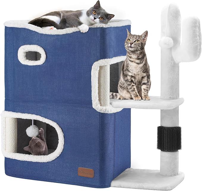 YITAHOME 2-Tier Cat House, Indoor Cat Cave Bed Playhouse, Cat Tunnels with Scratch Pad and Hideaway Cube, Cute Modern Cat Condo Furniture for Multi Small Cats, Cactus (Blue)