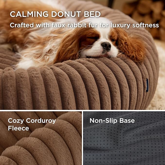 Bedsure Donut Small Dog Bed - Dog Beds for Small Dogs with Corduroy Fleece & Anti Slip Bottom, Round Faux Fur Pet Beds with Washable Removable Cover, Copper Brown, 27x27x8 inches