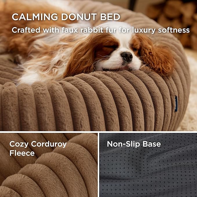 Bedsure Donut Small Dog Bed - Dog Beds for Small Dogs with Corduroy Fleece & Anti Slip Bottom, Round Faux Fur Pet Beds with Washable Removable Cover, Copper Brown, 23x23x8 inches