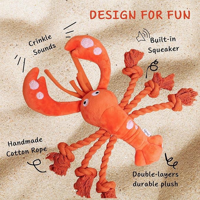 Tough Dog Toys, Large Squeaky Rope Tug of War Dog Toys for Puppy, Small, Medium, Large Dogs, Interactive Stuffed Plush Toys, Dog Birthday Gifts - Lobster