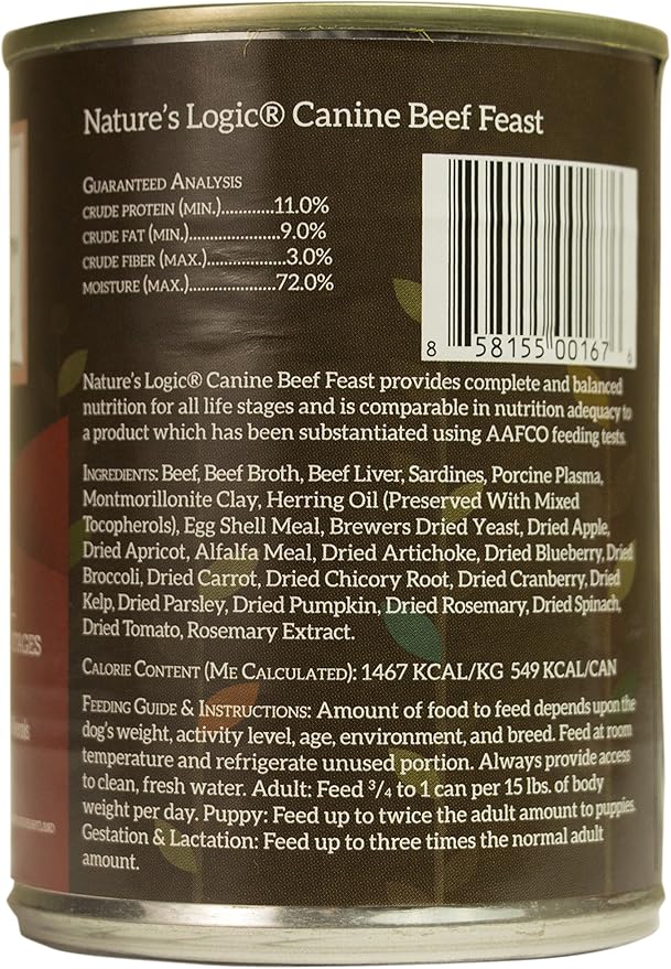 Nature's Logic Grain-Free Canned Dog Food - 95% Animal Proteins - 100% Natural Wet Dog Food Cans - No Common Allergens - All Life Stages - Ideal for Sensitive Dogs - Beef (13.2 oz, 12 pack)