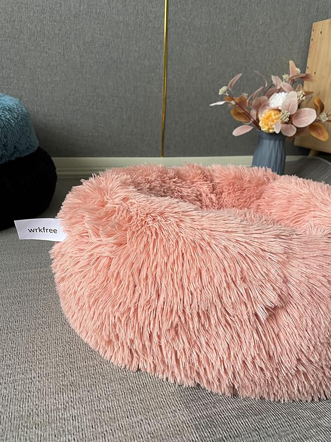 Pink Dog Bed for Small Dogs Machine Washable, Calming Bed for Puppy with Anxiety,19 Inch Round Donut Cute Soft Plush Cuddler Girl Dog Bed for small size dogs with Fluffy Faux Fur,Fits Under 10 lb Pets