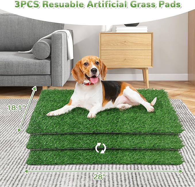 30"x20" Dog Grass Pad with Tray Large for Indoor Puppy PottyTraining with 3PCS Artificial Grass Mats, 1 Washable Pee Pad, Pet Loo Dog Litter Box for Balcony Apartment, 4-Layer System