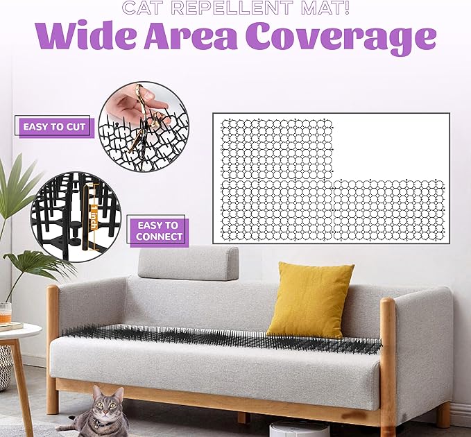 16 x 8 Inch Scat Mat for Cats, 12 Pack Scat Mat with Spikes Outdoor, Cat Deterrent with Strips Digging Stopper Cat Spike to Keep Other Animals Away from Furniture, Plants