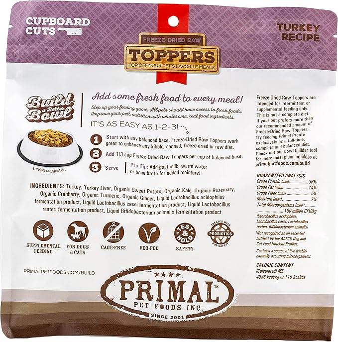 Primal Dog Food Toppers & Cat Food Toppers, Cupboard Cuts, Grain Free Meal Mixers with Probiotics, Raw Freeze Dried Dog Treats & Cat Treats, Great for Training (Turkey, 18 oz)