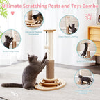 Made4Pets Cat Scratching Post, 23" Tall Sisal Cat Scratcher Post with Self Groomer, 4-in-1 Interactive Trackball Toys with Hair Brush, Vertical Cat Climbing Tree with Dangling Plush Balls