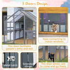110" Wide Catio Enclosure,Wooden Outdoor Cat Catio - XL Walk-in w/60 Human Door, 2 Suspension Bridges & 5 Platforms | Weatherproof Oxford Roof & Safety Latches,(Gray)