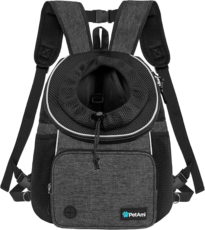 PetAmi Adjustable Dog & Cat Chest Carrier Backpack, Ventilated for Hiking & Camping, Small to Large Pets, Max 10 lbs, Dark Gray