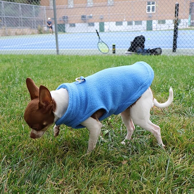 JACKO & CO - Fleece Vest Sweater with Leash Ring - Soft Lightweight Breathable for Puppies Small Medium Dogs, Kitten, Cats, Chihuahua - Warm for Fall/Autumn/Winter (Blue, Large 10-16lbs)