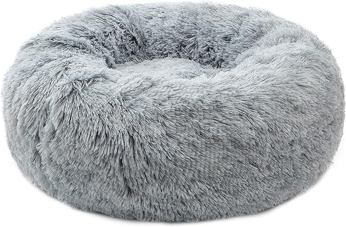 Calming Donut Dog Bed XL, Plush Round Cuddler Dog & Cat Bed, Anit-Anxiety Marshmellow Fluffy Faux Fur Cushion(32", Grey)