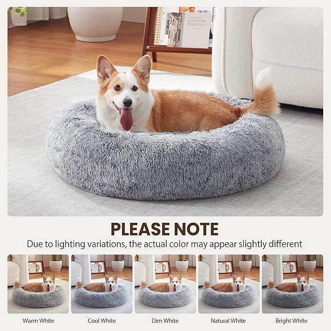 Donut Dog Bed Medium Size Dog, Round Cat Beds for Small Medium Dogs and Cats with Washable Fluffy Faux Fur, Cute Comfort Pet Bed with Anti-Slip Bottom, Grey, 30"