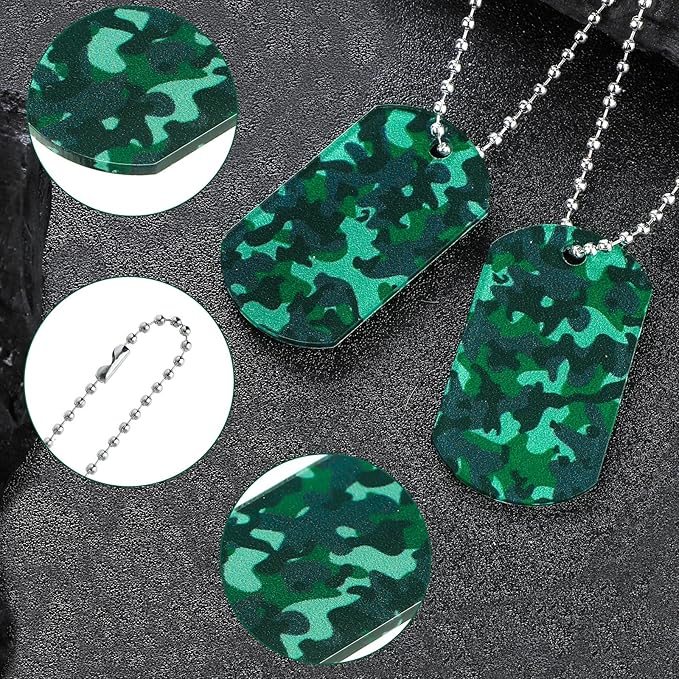 Saintrygo 48 Pcs Camouflage Dog Tags Military Acrylic Army Dog Tags Party Favors Camo Party Favors Include 24 Camo Necklaces with 24 Beaded Chains for Kids Men Women(Green)