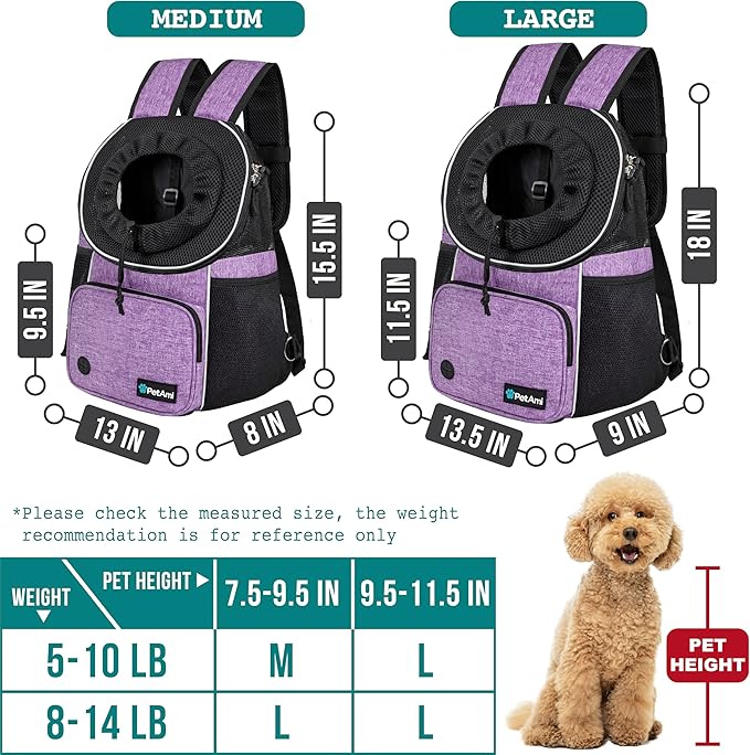 PetAmi Adjustable Cat & Dog Chest Carrier Backpack, Ventilated for Hiking & Camping, Max 10 lbs, Purple