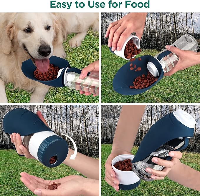 Dog Water Bottle, Portable Pet Water Bottle with Food Container and Drinking Feeder, Leak Proof, BPA-Free, Foldable Puppy Water Cup Dispenser for Outdoor Walking, Travel, Hiking 20OZ