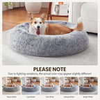 Donut Dog Bed Medium Size Dog, Round Cat Beds for Small Medium Dogs and Cats with Washable Fluffy Faux Fur, Cute Comfort Pet Bed with Anti-Slip Bottom, Grey, 36"