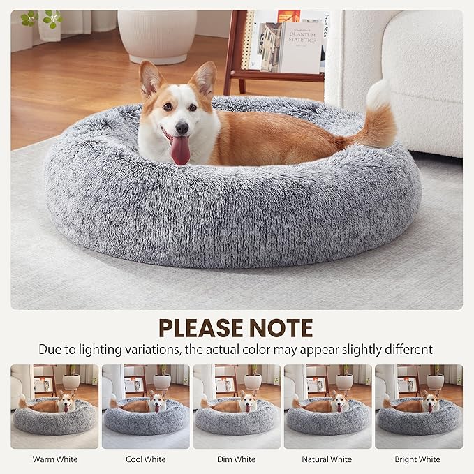 Donut Dog Bed Medium Size Dog, Round Cat Beds for Small Medium Dogs and Cats with Washable Fluffy Faux Fur, Cute Comfort Pet Bed with Anti-Slip Bottom, Grey, 36"